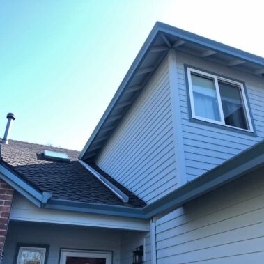 Craftsman-style house with light-colored gutters seamlessly integrated with roof overhang and horizontal siding, surrounded by evergreen trees