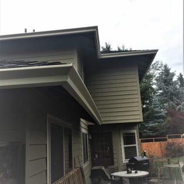Craftsman-style house with light-colored gutters seamlessly integrated with roof overhang and horizontal siding, surrounded by evergreen trees