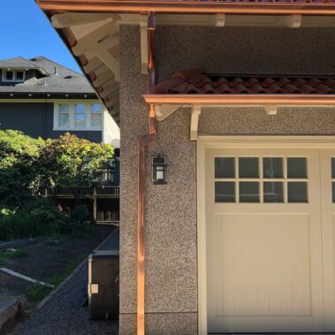 Copper Half-Round with Hidden Brackets, with Smooth Square Downspout