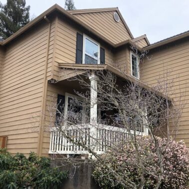 Royal Gutters' professional fascia gutter system with square downspouts, expertly installed on Portland two-story home. Call 503-558-8700