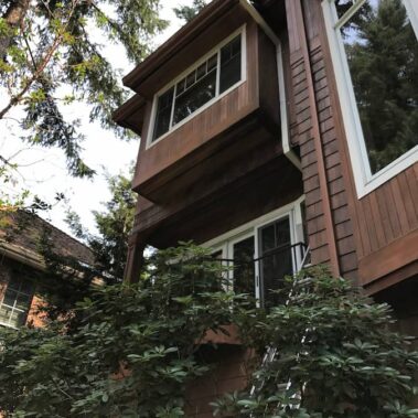 Royal Gutters' smooth square downspout installation on Portland craftsman home - perfect blend of traditional and modern. Call 503-558-8700