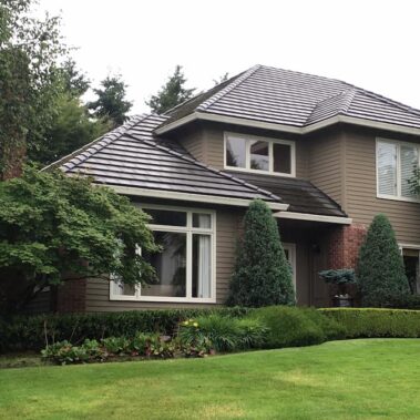 Royal Gutters' seamless white fascia gutter system, professionally installed on Portland home. Elegant protection, free estimate: 503-558-8700